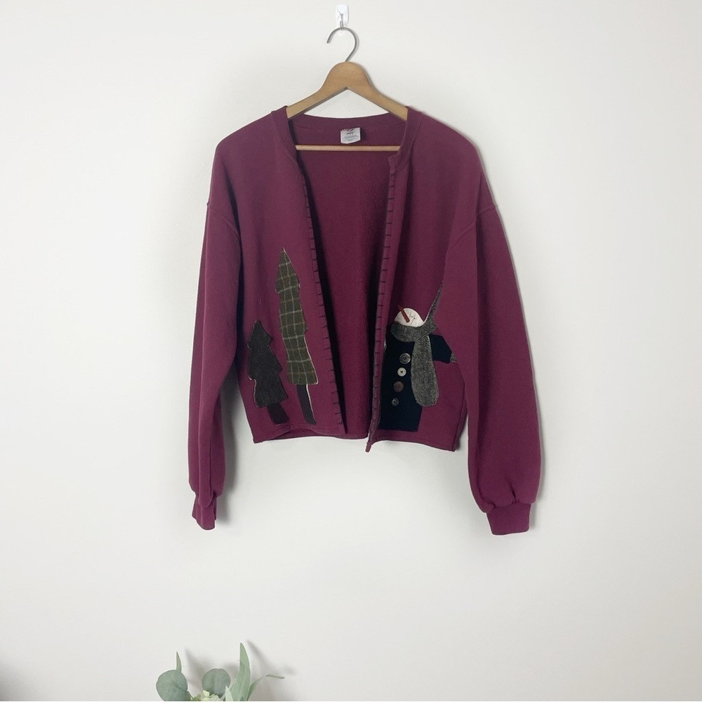 Vintage Women's Burgundy Open Front Snowman Patch Cardigan Sweatshirt